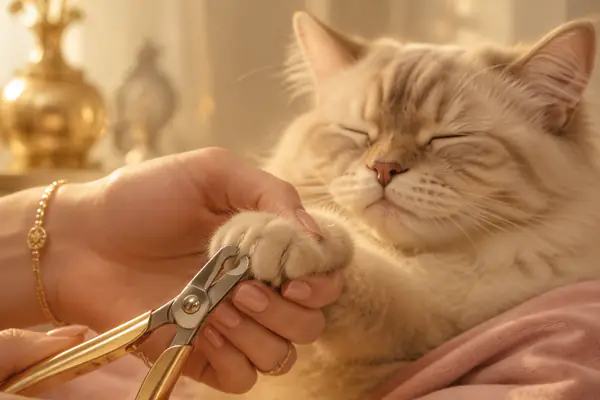 A relaxed cat dozing while its nails are carefully trimmed